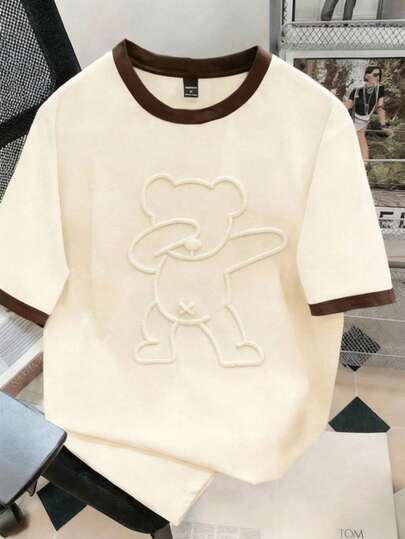 Manfinity Joysei 标准尺码男士趣味3D泰迪熊图案撞色T恤，适合春夏穿着，可作学校服装或朋友礼物。