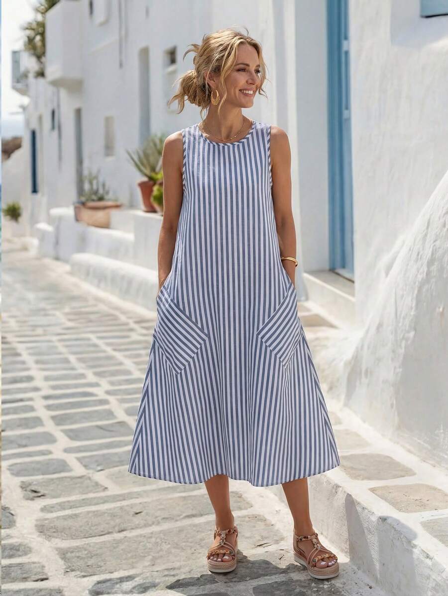Faunlyn Vestido de verano sin mangas de algodón tejido con cuello redondo y rayas para mujeres, con diseño de dos bolsillos en la parte trasera y dobladillo en línea A - Azul y blanco - Ver 1