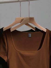 SHEIN EZwear 2件套女士方领短袖休闲修身性感T恤，适合夏季穿着 - 彩色 - 查看 3