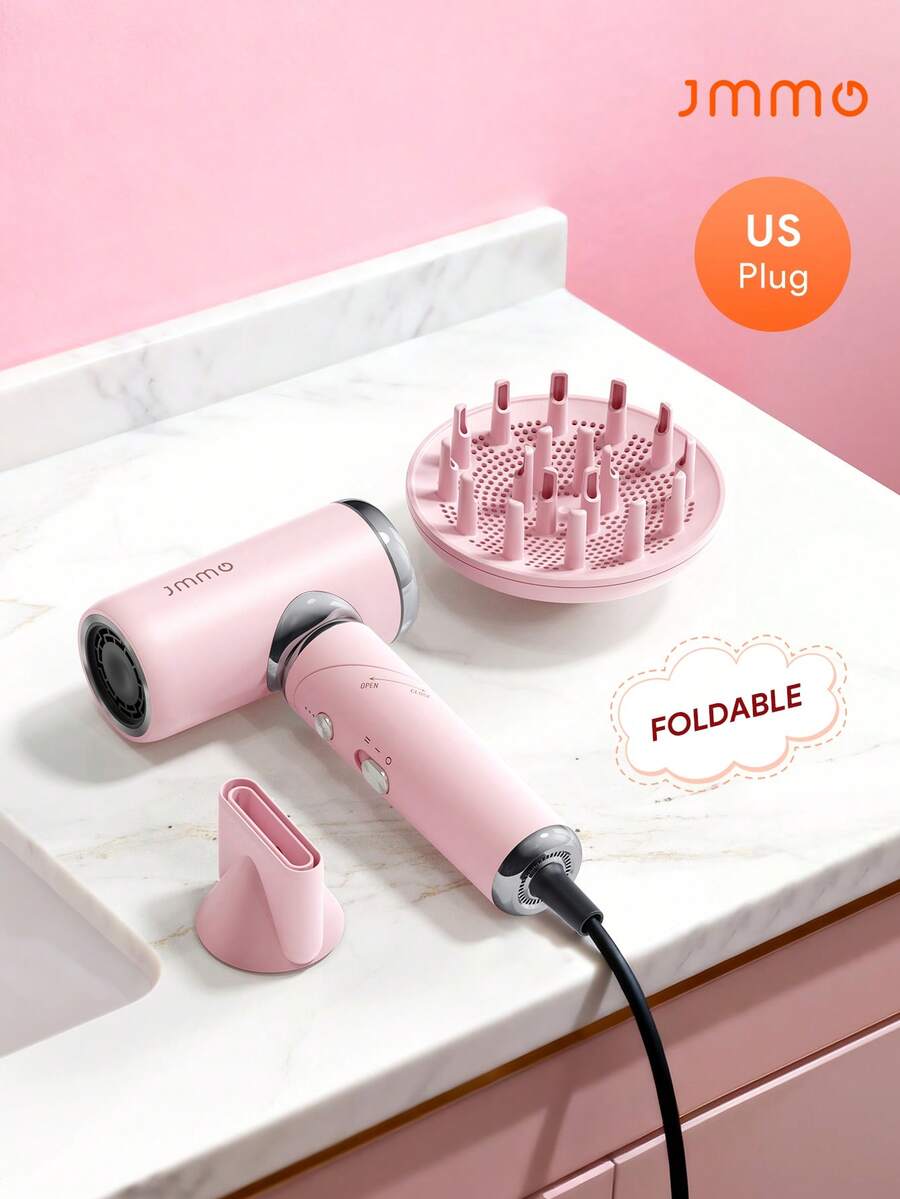 JMMO Secador de pelo, secador de pelo iónico, secado rápido, bajo nivel de ruido, plegable y portátil con difusor y boquilla, compacto y mini para uso doméstico y de viaje, color rosa - Enchufe estadounidense - Tipo de Enchufe A USA (110-127V) - Ver 1