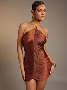 Hauture Women's Sexy Hanging Tassels Fringe Mini Dress With Gold Metal Decor - Brown - View 4