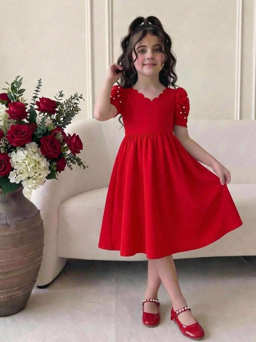 SHEIN Tween Girls' Spring/Summer Casual Elegant Beaded Puff Leg-Of-Gigot Sleeve Cinched Waist Ruched Full Dress Princess Dress, Red, Tween Girl - Red - View 1