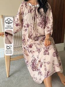 DAZY Vestido Solto com Manga 3/4, Padrão Floral em Patchwork de Renda, Adequado para Verão e Primavera, Camisola e Pijama Feminino - Damasco - Visão 5