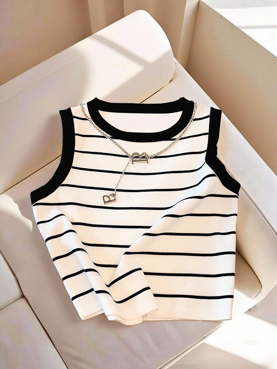 Resyla Striped Contrast Color Round Neck Casual Versatile Tank Top - Multicolor - View 1