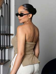 Melissa Matos Y2K亚文化豹纹短款吊带背心，下摆开衩，女款 - 駝色 - 查看 3