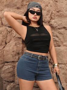 SHEIN Unity Plus Size Women's Fashionable Casual Y2K High Waist Sexy Denim Shorts - Dark Wash - View 6