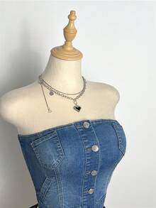 Elamini Women's Single-Breasted Fashionable Versatile Date/Travel Denim Bustier Top - Medium Wash - View 5