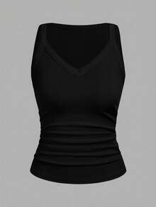 Slaydiva 2026春夏新款休闲百搭纯白色罗纹V领露背褶皱女式背心。适合约会、情人节、婚礼季、派对、夜店、运动、瑜伽、度假、海滩、波西米亚风、沙滩、返校季、日常出行、下午茶、早午餐、机场穿搭等场合。女式背心、女式吊带背心、瑜伽背心、运动背心、夏季女式吊带背心。 - 黑色 - 查看 3