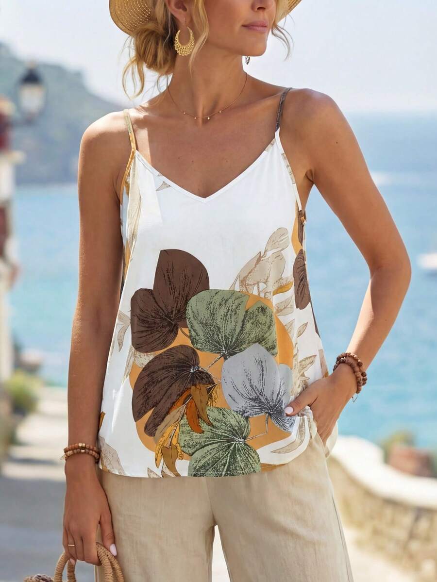 Faunlyn 女士花卉印花 V 領夏季吊帶背心 - 彩色 - 查看 1