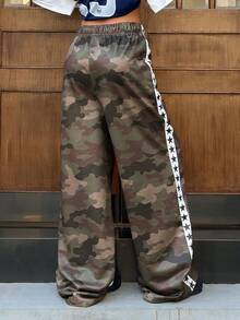 Muchica Damen Lässig Mode Street Camouflage Stern Muster Kordelzug Taille Gerade Bein Hose - Verschiedenfarbig - Übersicht 3