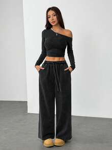 SHEIN PETITE Bộ đồ thể thao hai mảnh dành cho nữ, chất liệu co giãn, thoải mái, cổ lệch, tay dài, gồm áo dệt kim và quần ống rộng, thích hợp mặc hàng ngày. - màu đen - Xem 9