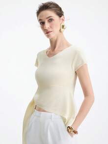 Aalyst Summer French Style V-Neck Solid Color Asymmetrical Slit Cap Sleeve Shirt, Niche Design Waist Cinched Slim Fit Knit Sweater Top For Women - Apricot - View 8