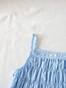 SHEIN 女童纯色褶皱吊带背心和裤子套装 - 淺藍色 - 查看 4