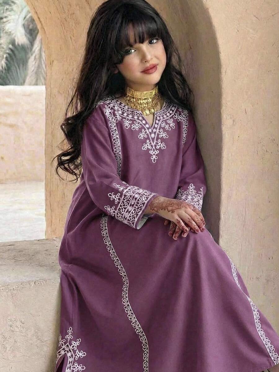 SHEIN 青少年女孩印花寬鬆A字版型3/4袖開衩下擺長袍Abaya,阿拉伯風穆斯林女孩洋裝 - 淺灰紫 - 查看 1