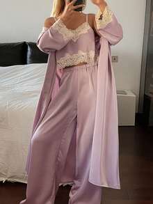 3pcs Romantic Elegant Wedding Satin & Lace Patchwork Robe, Camisole & Pants Sleepwear Set For Women - Pink - View 3
