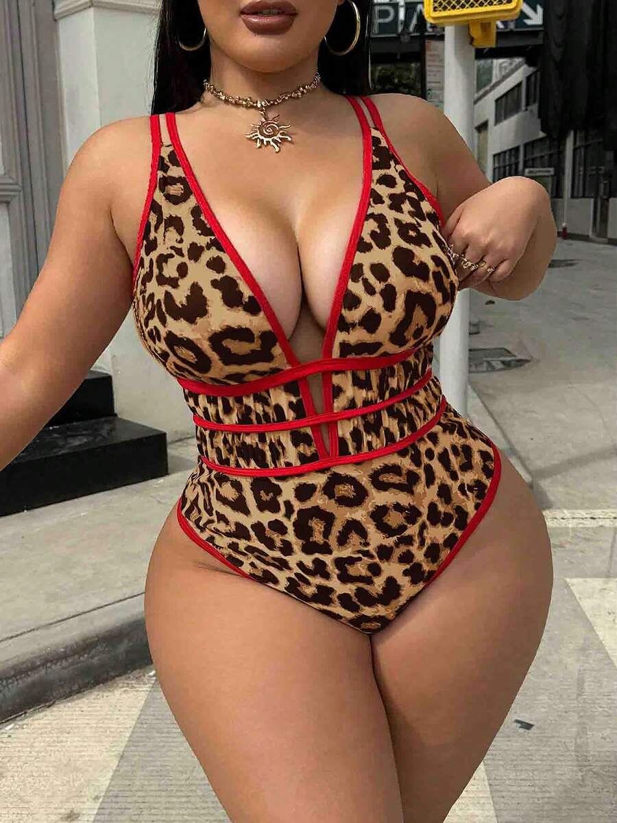 Swim SXY Plus Size Women's Leopard Print Deep V-Neck Sexy Beach Vacation One-Piece Swimsuit - Multicolor - View 1