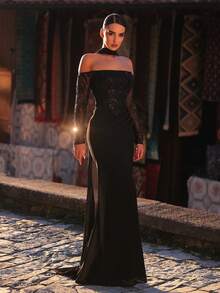 Aureia Elegant Luxury One-Shoulder Sparkling Beaded Embroidered Mesh Ruched Waist Hip Mermaid Hem Dress For Wedding Party Formal - Black - View 11