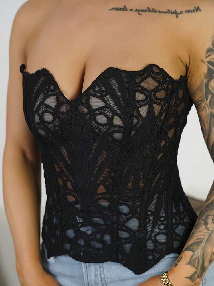 SAYEHFBABY Top feminino sexy de renda com corte justo e tomara que caia - Preto - Ver 3