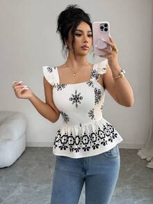 Elenzga 女士夏季新款杏色底黑色定位印花蝴蝶结后背收腰短袖衬衫 - 杏色 - 查看 6