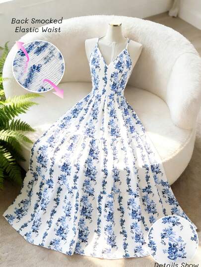 GlowEve 新款V领印花收腰优雅休闲女装