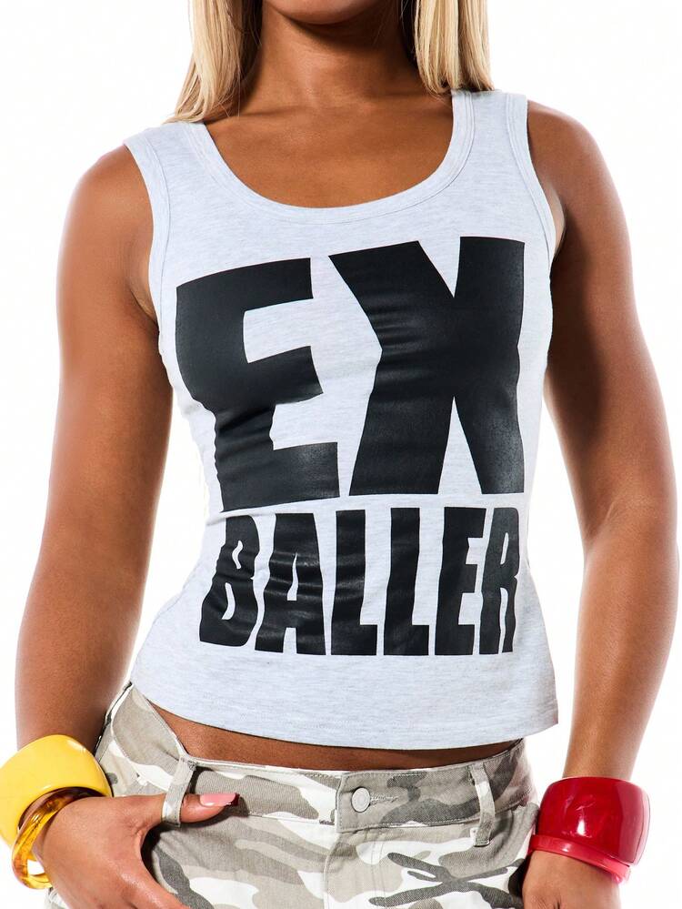 SUMWON Women's Cropped Graphic Tank Top With Ex Baller Print Sleeveless Scoop Neck Summer Casual Streetwear Tee