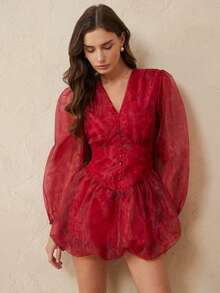 BELROSIE Vestido elegante y ligero con estampado de sirena, cuello en V, cintura recogida, mangas con volantes y dobladillo con volantes cortos. Vestido de organza para mujer, atuendo de vacaciones para mujer, ropa de vacaciones para mujer, vestido formal para mujer, conjunto de vacaciones para mujer - Multicolor - Ver 3