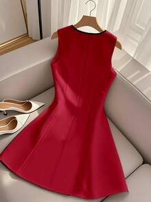 GlowEve V领无袖收腰A字优雅连衣裙，夏季 - 紅色 - 查看 2