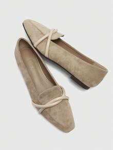 CUCCOO BIZCHIC Sepatu flat wanita ujung persegi, desain tali silang mengkilap, sol lembut yang nyaman, suede bergaya retro, cocok untuk perjalanan sehari-hari dan acara kantor. - Aprikot baru - View 4