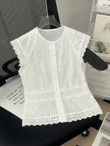SHEIN Franclia Camisa casual de mujer con cuello redondo, abotonadura sencilla y bordado hueco - Blanco - Ver 7