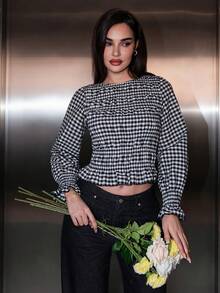 Bris Aura 黑白格子褶皱设计修身长袖女式上衣 - 黑與白 - 查看 1