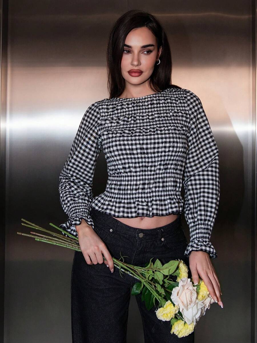 Bris Aura 黑白格子褶皱设计修身长袖女式上衣 - 黑與白 - 查看 1