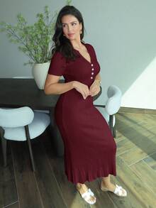 MDEdit Váy len cardigan tay ngắn maxi cho nữ - Màu Đỏ Sâu - Xem 3
