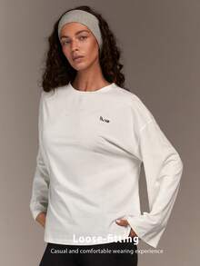 Fluxe T-shirt ample à manches longues et col rond pour femmes, blanc. Parfait pour le port casual, un Top de tous les jours , le sport en salle, l'entraînement ample, les vacances, l'été, le printemps, la Saint-Valentin, les sorties, les vacances, le casual - Blanc - Voir 5