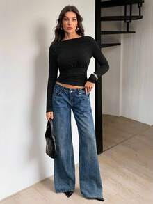 SHEIN Tall 深V露背长袖上衣 冬季黑色 - 黑色 - 查看 5