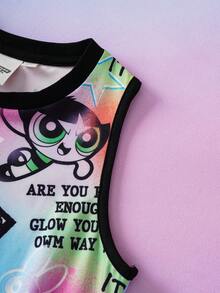 THE POWERPUFF GIRLS X SHEIN Tween Girls' Summer Fashion Cartoon Slogan Print Asymmetric Hem Sleeveless Dress - Multicolor - View 6