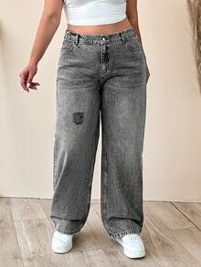EURMUSE 100% Cotton Plus Size Women's Mid-Blue Elastic Waist Straight Leg Jeans - Grey - View 6
