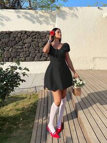 Sunnyshic Plus Size Women's Summer Dresses, Solid Color Scoop Neck Ruffle Tie Bow French Design Romantic Vacation Sweet Fitted A-Line Lantern Sleeve Mini Dress - Black - View 6