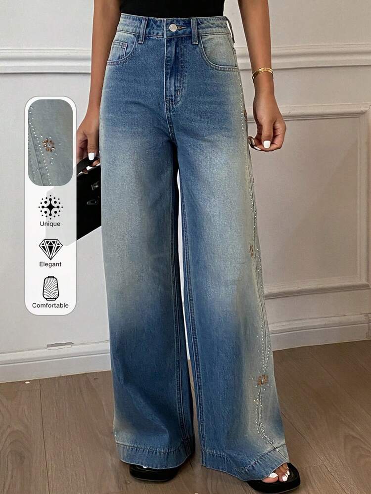Women's Regular Waist Rhinestone Design Loose Casual Straight Leg Jeans