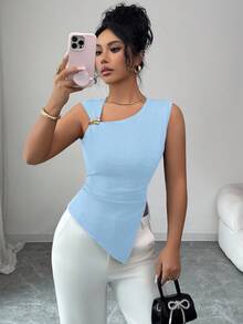 Elenzga Ladies' Elegant Knitted Summer Tank Top For Vacation - Blue - View 7