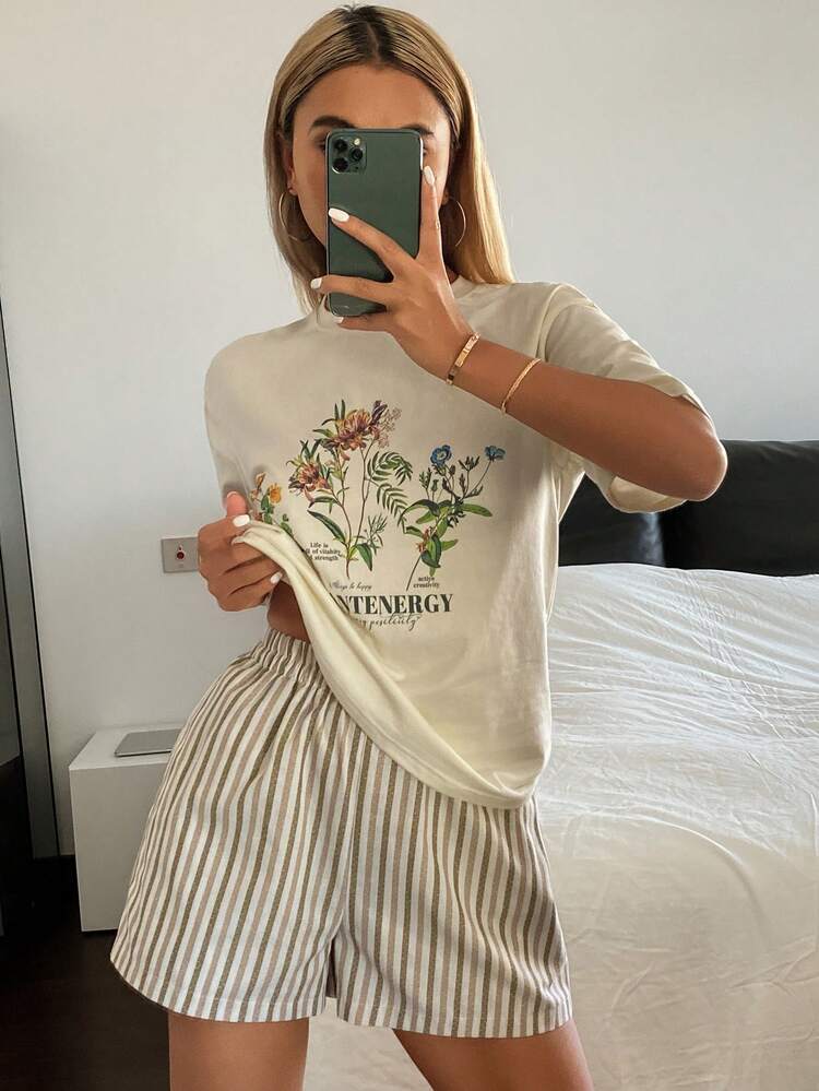 Women's Botanical Print T-Shirt And Striped Shorts Pajama Set, Summer