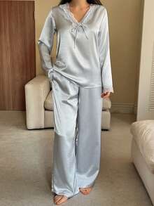 DAZY 两件套蕾丝拼接纯色V领宽松睡衣套装，长袖上衣和裤子，秋冬女装 - 米色 - 查看 6