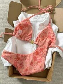 Swim Mod Women's Random Floral Print Halter Bikini Set With Metal Flower Decor, Spring/Summer - Multicolor - View 3