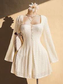 SHEIN ICON Đầm chữ A dáng ôm eo cổ vuông gợi cảm phong cách Y2K, phong cách Boho, thích hợp cho kỳ nghỉ, mùa xuân và mùa thu. - Màu be - Xem 1