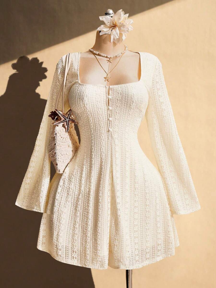 SHEIN ICON Đầm chữ A dáng ôm eo cổ vuông gợi cảm phong cách Y2K, phong cách Boho, thích hợp cho kỳ nghỉ, mùa xuân và mùa thu. - Màu be - Xem 1