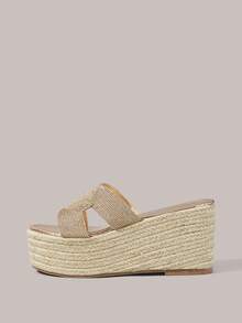Styleloop Ladies, Straw Hemp Rope Electric Embroidery I-Shaped Upper, Lame Heel Platform Sandals, Holiday Atmosphere, Summer Wear, Travel Essentials - Rose Gold - View 3