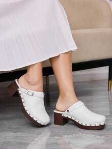 Sleekvia Women's Fashion Thick Heel Slide Sandals With Buckle Design - White - View 3