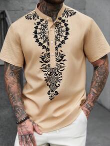Manfinity Homme Áo sơ mi nam tay ngắn in họa tiết độc đáo, thích hợp cho các bữa tiệc, mặc đôi bố con, trang phục cho bố, áo sơ mi cao bồi miền Tây, áo sơ mi họa tiết miền Tây, áo sơ mi in hình totem. - Màu Khaki - Xem 4