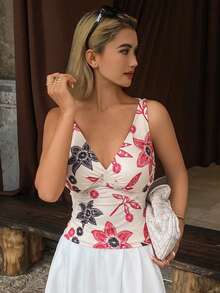 DAZY 女士印花V领荷叶边蕾丝修身衬衫 - 杏色 - 查看 7