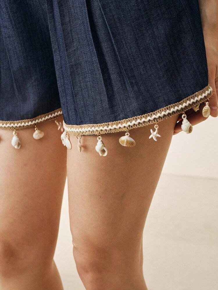 Elegant High Waist Wide Leg Blue Shorts, Elastic Waist, Slimming, Thin, Loose, Fashionable Casual
