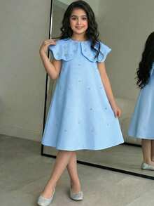 青少年女孩春夏優雅水鑽裝飾方領A字裙，適合婚禮季花童禮服，藍色 - 藍色 - 查看 8